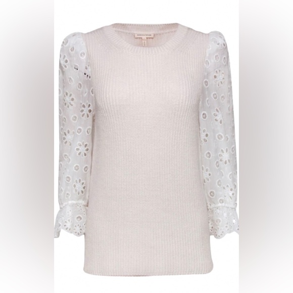 Rebecca Taylor Cream Ribbed Cotton & Silk W/Eyelet Puff Sleeve Sweater - Picture 1 of 10